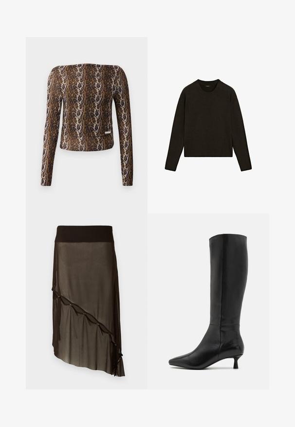 Pull en tricot marron foncé avec un col rond, des manches longues et un ourlet côtelé. Texture douce avec une coupe décontractée, idéale pour le superposition.; Top court à manches longues en imprimé léopard, avec une texture lisse, une palette de couleurs marron et noir, et un logo subtil en accent à l'ourlet.; Jupe en mesh noire avec une ceinture ajustée, ourlet asymétrique, boutons décoratifs sur le devant et texture superposée transparente.; Zign Bottes - black