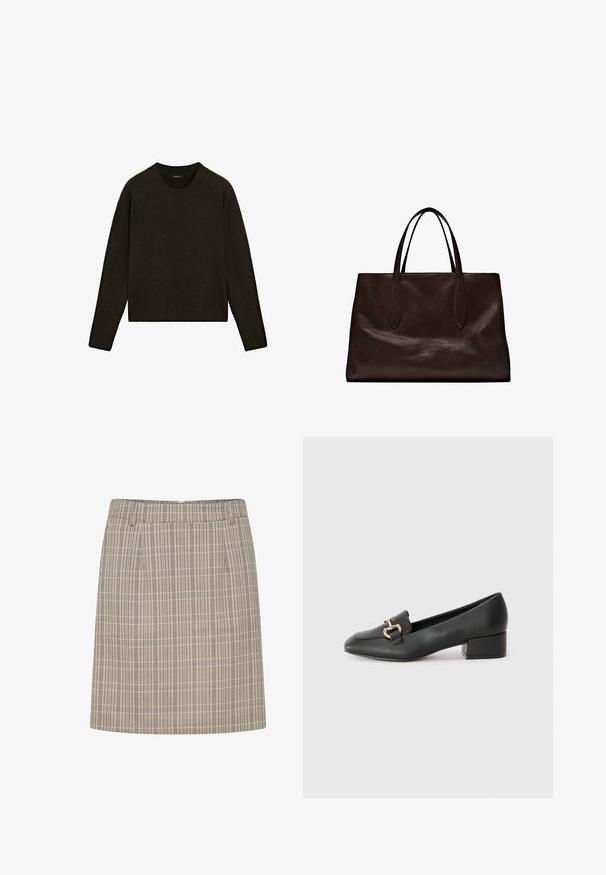 Pull en tricot marron foncé avec un col rond, des manches longues et un ourlet côtelé. Texture douce avec une coupe décontractée, idéale pour le superposition.; Jupe à carreaux avec une taille ajustée, présentant des lignes verticales et horizontales en beige et brun, fabriquée dans un tissu léger.; Mocassins en cuir noir avec un talon plat, présentant un détail décoratif en métal doré à l'avant et une texture lisse.; Massimo Dutti Sac à main - brown