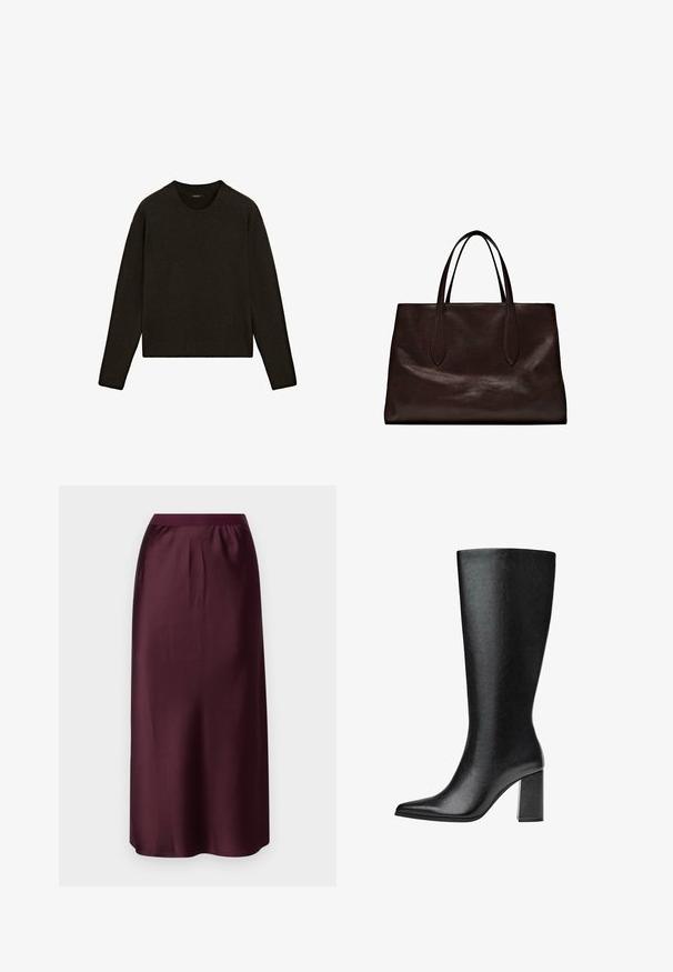 Dunkelbrauner Strickpullover mit Rundhalsausschnitt, langen Ärmeln und geripptem Saum. Weiche Textur mit lockerer Passform, ideal zum Übereinandertragen.; Gina Tricot ELASTIC MIDI SKIRT - Maxirock - wine; Schwarze kniehohe Stiefel aus Kunstleder mit spitzer Zehe, glatter Oberfläche und blockartigem Absatz. Minimalistisches Design ohne sichtbare Akzente.; Massimo Dutti Handtasche - brown