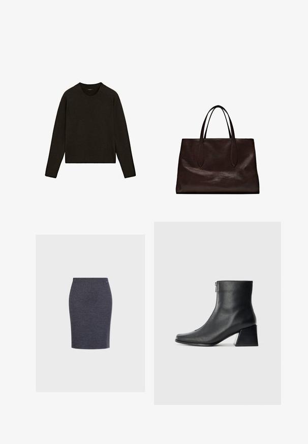 Dunkelbrauner Strickpullover mit Rundhalsausschnitt, langen Ärmeln und geripptem Saum. Weiche Textur mit lockerer Passform, ideal zum Übereinandertragen.; Knielanger Bleistiftrock aus dunkelgrauem strukturiertem Stoff mit glattem Bund und dezentem Markenetikett an der Seite.; Schwarze Lederstiefelette mit quadrater Zehenform, seitlichem Reißverschluss und Blockabsatz vor einem schlichten hellen Hintergrund.; Massimo Dutti Handtasche - brown