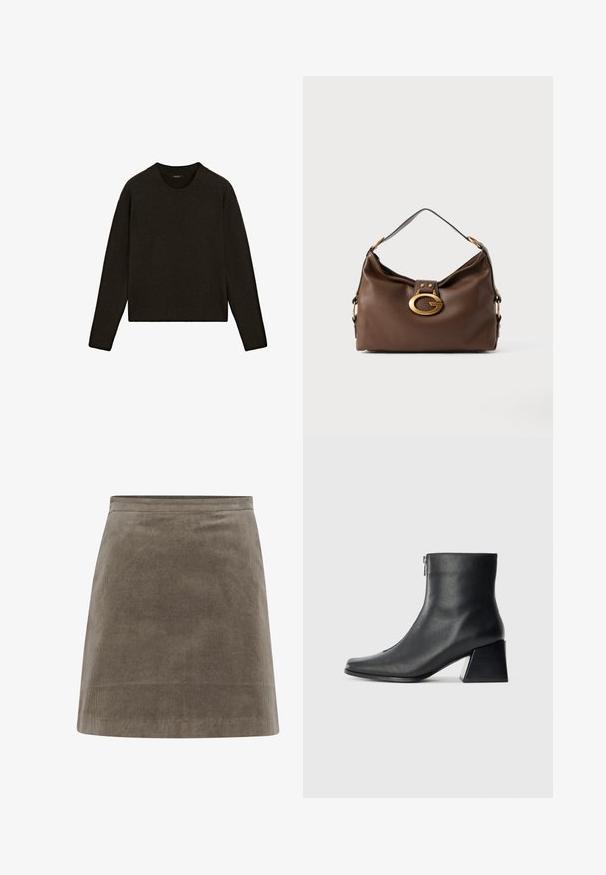 Donkerbruin gebreid trui met een ronde hals, lange mouwen en ribgebreide rand. Zachte textuur met een relaxte pasvorm, geschikt voor het dragen in lagen.; Khaki corduroy mini-rok met een rechte vorm, een gladde textuur en een eenvoudige tailleband, voorzien van verticale ribbels.; Zwarte leren enkellaars met vierkante neus, zijrits en blokhak tegen een effen lichte achtergrond.; Bruine leren handtas met een textuurafwerking, voorzien van een gouden sluiting en een enkele, gebogen schouderriem.