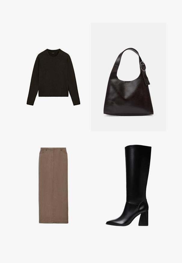 Maglione a maglia color marrone scuro con scollatura rotonda, maniche lunghe e orlo a costine. Texture morbida con vestibilità rilassata, adatto per essere indossato a strati.; Mango Gonna lunga - light brown; Stradivarius Stivali con i tacchi - black; Borsa a spalla in pelle marrone con una texture liscia, forma arrotondata, ampia tracolla e un accento metallico circolare sul manico.