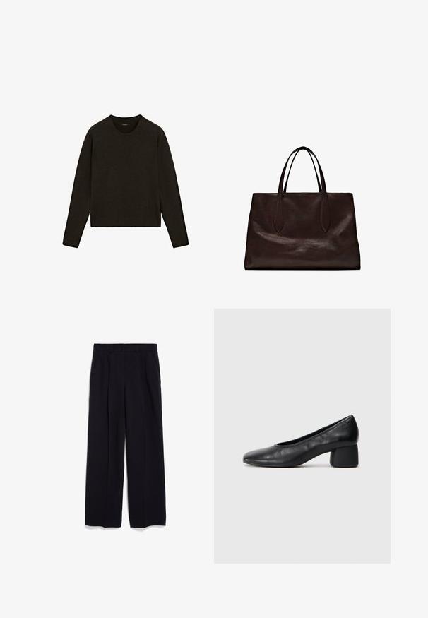 Donkerbruin gebreid trui met een ronde hals, lange mouwen en ribgebreide rand. Zachte textuur met een relaxte pasvorm, geschikt voor het dragen in lagen.; Zwarte wijde broek van lichtgewicht stof, met een knoopsluiting, plooien aan de voorkant en zijzakken voor extra functionaliteit.; Zwarte leren pump met een ronde neus en een middenblokhak. Glad textuur met minimale details, voorzien van een subtiele elastische opening.; Massimo Dutti Handtas - brown