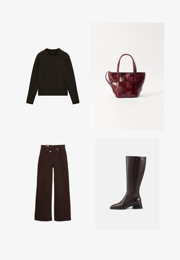 Tmavě hnědý pletený svetr s kulatým výstřihem, dlouhými rukávy a žebrovaným lemem. Měkká textura s uvolněným střihem, vhodný k vrstvení.; Hnědé široké džínové kalhoty s vysokým pasem, předním zipem a knoflíkovým zapínáním, se předními a zadními kapsami.; Hnědé kožené boty po kolena s hladkým povrchem, kulatou špičkou a černým podpatkem. Jednoduchý design s minimem kovových detailů.; Tkaná bordó kožená taška přes rameno s dvěma krátkými uchy a odnímatelným ramenním popruhem. Má strukturovaný tvar a hladkou texturu.