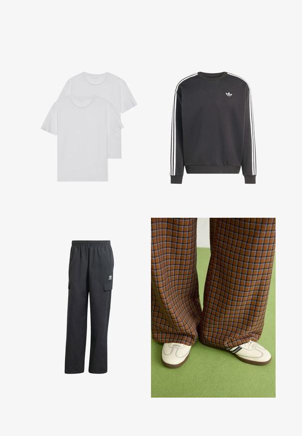 Puha anyagból készült fekete pulóver, fehér csíkokkal az vállakon és egy kis fehér logóval a mellkason. Klasszikus kerek nyakkivágás.; Két fehér pamut póló kerek nyakkal, rövid ujjakkal és puha tapintással. Mindkettő egyszínű, látható minták vagy kiegészítők nélkül.; Fekete cargo nadrág rugalmas derekkal, két oldalsó zsebbel és egy diszkrét logóval a bal combon. Könnyű anyagból készült.; Barna és kék kockás, bőrt lábú nadrág, fehér cipővel, fekete részletekkel és texturált talppal, zöld háttér előtt.