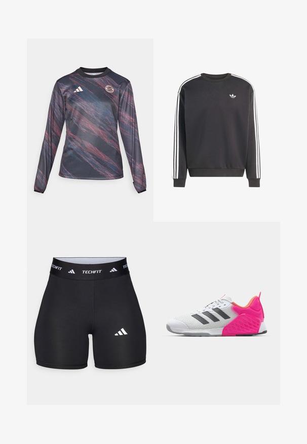 Juodas džemperis iš minkštos medžiagos, su baltomis juostomis per pečius ir mažu balto logotipo krūtinės srityje. Klasikinis apvalios iškirptės dizainas.; Ilgų rankovių sportinė maikė pagaminta iš tekstūruoto juodo audinio su abstrakčiomis raudonomis ir mėlynomis rašmenimis; ant krūtinės yra "adidas" logotipas ir komandos emblema.; Juodi šortai, pagaminti iš tamprių medžiagų, su prigludusia forma. Yra platus juodas juosmuo, pažymėtas "TECHFIT", ir baltas logotipas ant kojos.; Balti sportiniai bateliai su pilkomis juostelėmis, tinklinio viršumi ir rožinėmis kulno bei akcentų detalėmis. Yra tekstūruotas kulnas ir guminis padas. Raišteliai ir paminkštinta apykaklė.