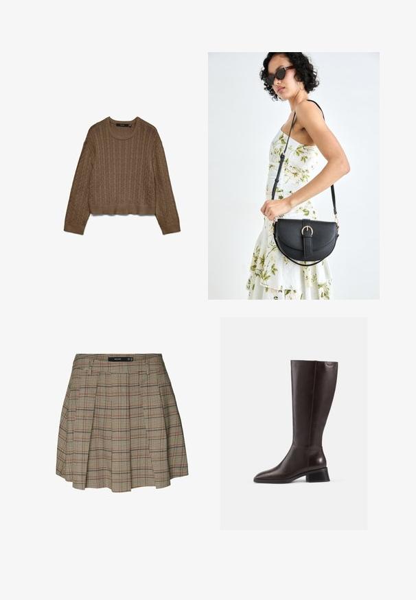 Maglione marrone a treccia con maniche lunghe e polsini, scollatura e orlo a costine, posato su uno sfondo bianco.; Vero Moda VMELLIE MITTLERE TAILLE - Gonna a campana - silver mink; Stivali in pelle marrone al ginocchio con finitura liscia, punta arrotondata e tacco nero impilato. Design semplice con dettagli hardware minimi.; Borsa a tracolla nera in pelle con una forma curva, manico rimovibile e accessori dorati. La borsa presenta una patta con un dettaglio a fibbia.