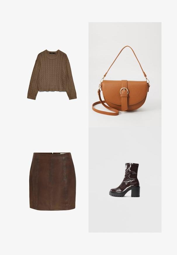 Brun kabelstickad tröja med långa ärmar och ribbade muddar, halsringning och fåll, utlagd på en vit bakgrund.; Brun läder mini kjol med en slät textur, som har två vertikala sömdetaljer och en dold dragkedja bak.; Glansig bordeauxfärgad ankelsko med en kraftig svart klack, som har en slät yta och enkel design. Inga synliga stängningar eller mönster.; Brun läder crossbody-väska med en böjd form, gyllene detaljer och en spänneaccent. Har en avtagbar axelrem.