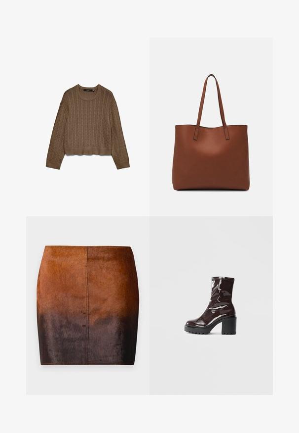 Rudas kabelių mezgimo megztinis su ilgomis rankovėmis ir raukšlėtais manžetais, iškirpte ir apatine dalimi, išdėstytas ant baltos fono.; Ruda gradientinė mini sijonas, pagamintas iš minkštų medžiagų, su lygia tekstūra, prigludusia siluetu ir tiksliai apdirbtomis kraštinėmis.; Blizgus burgundių spalvos kulknapis su tankiu juodu kulnu, pasižymintis lygiu paviršiumi ir paprastu dizainu. Nėra matomų užsegimų ar raštų.; Ruda odinė priekabų krepšys su glotnia tekstūra, atviru viršumi ir dviem petnešomis. Su minimalia siuvimo detalėmis ir nematoma aparatūra.