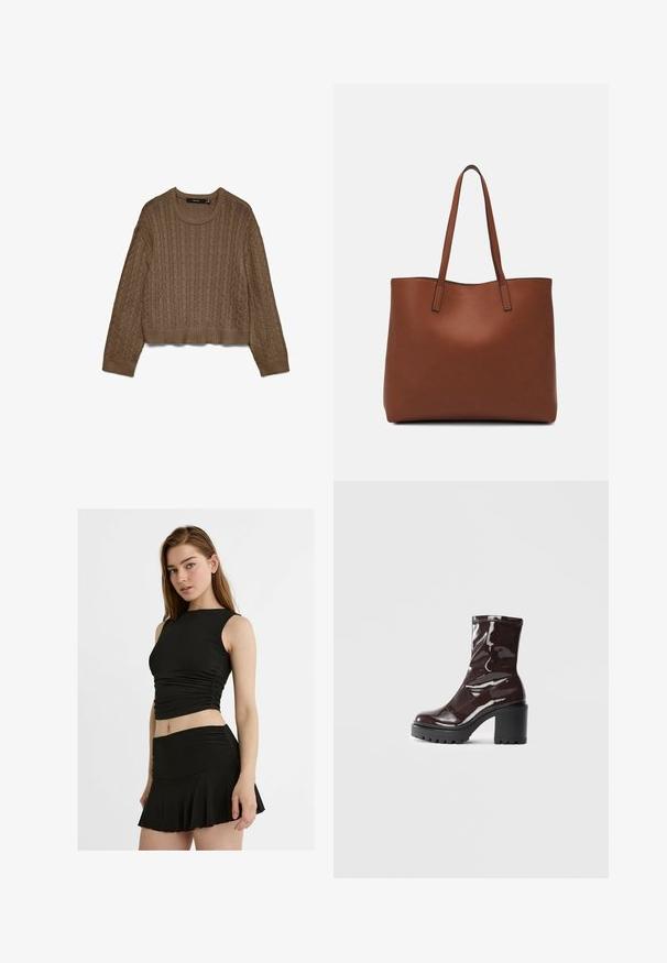 Pull en tricot marron avec des manches longues et des bordures à côtes au niveau des poignets, de l'encolure et de l'ourlet, posé à plat sur un fond blanc.; Ensemble noir en deux pièces comprenant un haut sans manches et court avec fronces et une mini-jupe évasée, le tout en tissu lisse et extensible.; Bottines bordeaux brillantes à talon épais noir, avec une texture lisse et un design simple. Aucune fermeture visible ni motifs.; Sac fourre-tout en cuir marron avec une texture lisse, design à ouverture supérieure et deux poignées pour le porter à l'épaule. Présente des coutures minimales et aucun matériel visible.