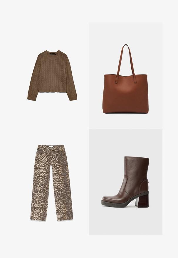 Bruine kabelgebreide trui met lange mouwen en geribbelde boorden, halslijn en zoom, plat gelegd op een witte achtergrond.; Denim jeans met luipaardprint, gekenmerkt door een neutraal beige en bruin kleurpalet, rechte pijpen en traditionele zakdetails.; Bruine leren enkelboot met een ronde neus, een gladde textuur en een robuuste houten hak. Zijnaaddetails en een subtiele glans.; Bruine leren tote bag met een gladde textuur, een ontwerp met een open bovenkant en twee schouderbanden. Kenmerkt zich door minimale stiksels en geen zichtbare hardware.