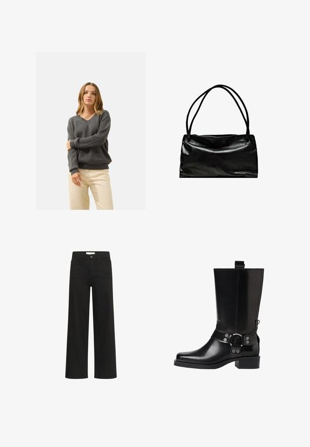 Gray knitted sweater with a V-neck design, ribbed cuffs, and relaxed fit, worn over light beige trousers. Smooth texture.; Kaffe KABROOK HW REG FIT - Flared Jeans - black deep; Black leather knee-high boot with a pointed toe, silver buckle accents, and a chunky heel. Features a pull tab for easy wear.; Black leather bag with a smooth texture, rectangular shape, and two long handles. Simple design with no visible hardware or embellishments.