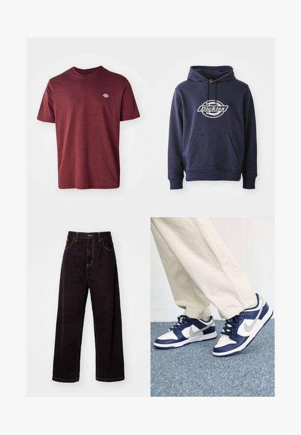 Námořnická modrá mikina s kapucí vyrobená z bavlněné směsi. Obsahuje přední kapsu a kapuci se šňůrkou. Bílé logo "Dickies" přes hrudník v kruhovém designu.; Bordó bavlněné tričko s kulatým průkrčníkem, krátkými rukávy a malým kulatým logem značky vyšitým na levé straně hrudi.; Černé široké džíny z denimu s kontrastním šitím, pětikusovým designem a zapínáním na předním tlačítku. Hladká textura a pevná látka.; Tenisky Nike v námořnické modré, bílé a šedé barvě. Mezi funkce patří perforovaný špička, šněrování a texturovaná gumová podrážka.