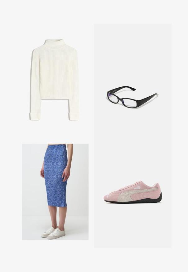 Maglione bianco a collo alto con coste, maniche lunghe e silhouette aderente. Tessuto morbido con polsini ripiegati; lunghezza cropped.; Gonna midi blu con motivo a stampa, silhouette aderente, vita elastica e texture a coste, abbinata a sneakers bianche.; Sneaker in suede rosa con accenti grigi, design aerodinamico, tomaia texturizzata e suola in gomma nera. Presenta il logo Puma sul lato.; Occhiali rettangolari neri con lenti trasparenti. Finitura lucida, bracci sottili e una sfumatura viola visibile ai bordi delle lenti.; Borsa sintetica bianca a forma triangolare, con patta anteriore piatta e dettaglio a fiocco, tracolla regolabile, texture liscia e design minimalista.