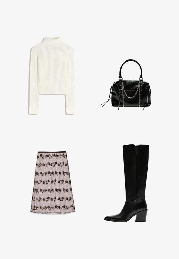 Witte, geribbelde coltrui met lange mouwen en een aansluitende silhouet. Zachte textuur met omgekrulde manchetten; verkorte lengte.; Lace midi-rok in lichtroze met bloemenpatronen in donkerbruin en brons, voorzien van pailletten en een zachte tailleband.; Zwarte laarzen tot de knie van soepel leer, met een puntige neus, een blokhak en een V-vormige uitsparing aan de bovenkant.; Bershka WITH CHAIN - Handtas - black