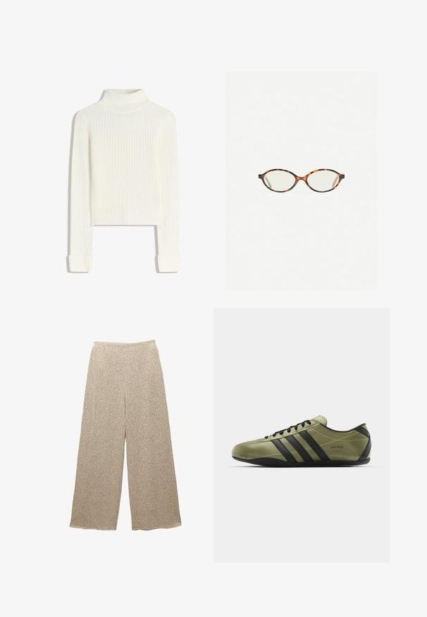 Vitt, ribbat polotröja med långa ärmar och figurnära silhuett. Mjuk textur med vikta ärmmuddar; kortare längd.; Beige vida byxor gjorda av strukturerad tyg med ett subtilt mönster. Har en avslappnad midja och lös passform, vilket ger komfort och lätthet.; adidas Originals TOKYO - Sneakers - gold metallic/core black; Sköldpaddsmönstrade glasögon med ovala linser och en elegant, slät yta. Har tunna sidor med en subtil kurva vid tinningarna. Klara linser.