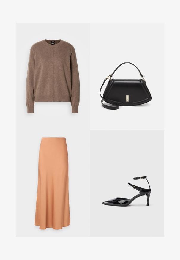 Pulover tricotat maro, cu guler rotund, mâneci lungi și o croială lejeră. Are o textură subtilă și un detaliu cu cusătură centrală.; Fustă lungă, evazată, dintr-un material moale, piersică. Prezintă un brâu neted și se scurge ușor către un tiv conic. Fără modele sau accente vizibile.; Cizme cu toc din piele lacuită neagră, cu vârf ascuțit, curele reglabile la gleznă și un toc subțire. Textură netedă cu un finisaj lucios.; Geantă de umăr din piele neagră, cu un design structurat, având o formă tăiată, mânere superioare și accente din aur. Include o curea de umăr ajustabilă.