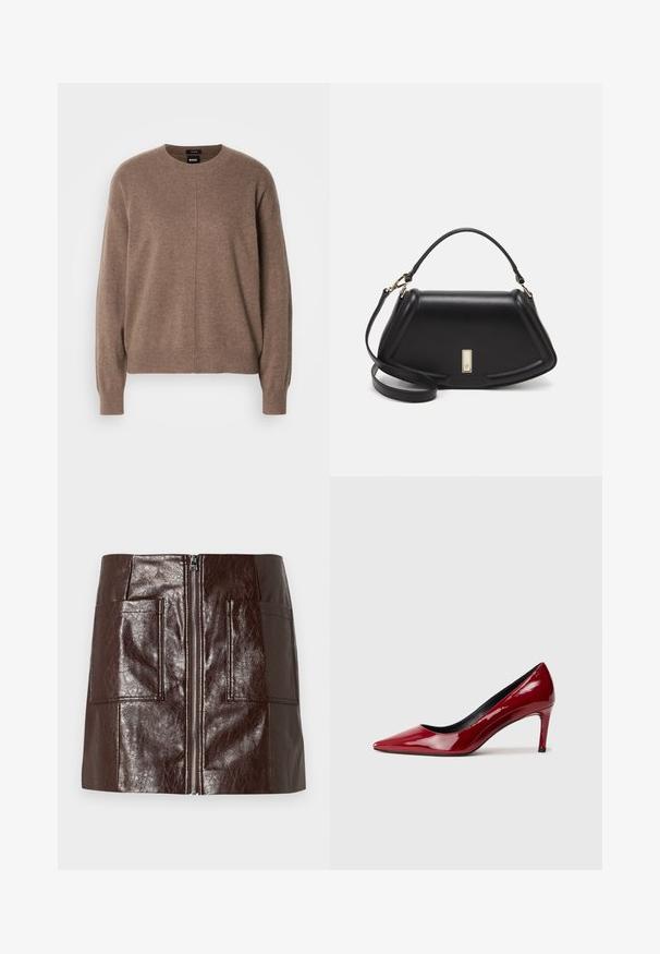 Smešasti smeđi pulover s okruglim izrezom, dugim rukavima i opuštenim krojem. Ima suptilnu teksturu i detalj središnjeg šava.; Mini suknja od smešnog umjetnog kože u smešnoj boji sa prednjim zatvaračem, dva velika prednja džepa i glatkom, sjajnom teksturom.; Crvene lakirane visokotapirane cipele s ukazanim prstima i uskim potpeticama. Glatka tekstura s sjajnom završnom obradom i crnim unutarnjim oblogom.; Crna kožna torba s strukturiranim dizajnom, s krojenim oblikom, gornjom drškom i zlatnim detaljima. Uključena je podesiva ramena traka.