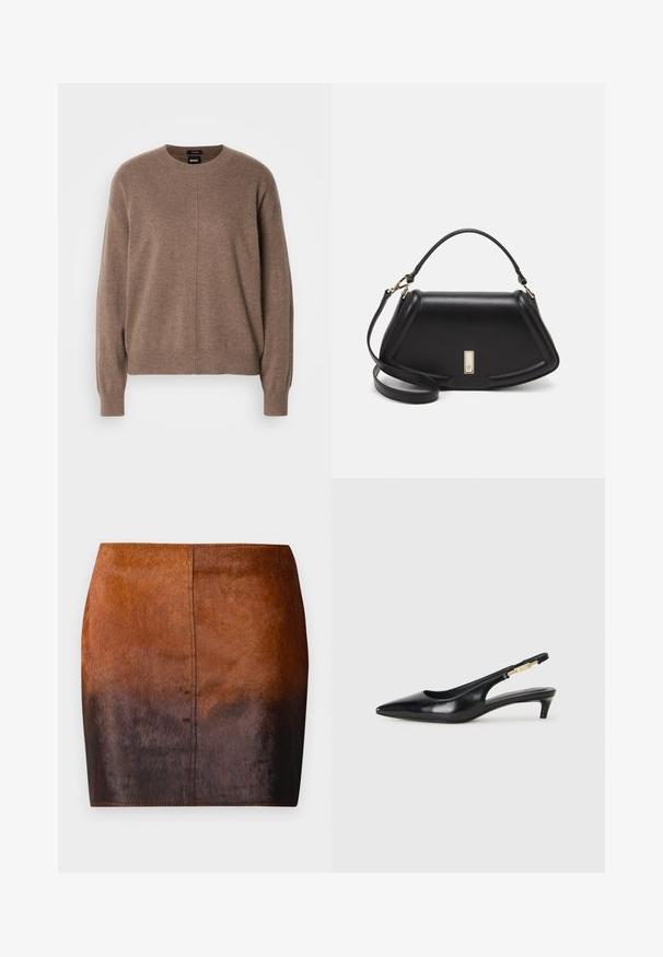 Hnědý pletený svetr s kulatým výstřihem, dlouhými rukávy a volným střihem. Obsahuje jemnou texturu a centrální šev.; Mini sukně v hnědém gradientu vyrobená z jemného materiálu, s hladkou texturou, přiléhavým střihem a precizním šitím podél okrajů.; Černé kožené boty na podpatku s otevřenou patou a špičatou špičkou, s tenkým podpatkem a zlatým akcentem na nastavitelném pásku. Hladký povrch.; Černá kožená kabelka se strukturovaným designem, jejíž tvar je zkrácený, má horní rukojeť a zlaté kovové detaily. Součástí je i nastavitelný ramenní popruh.