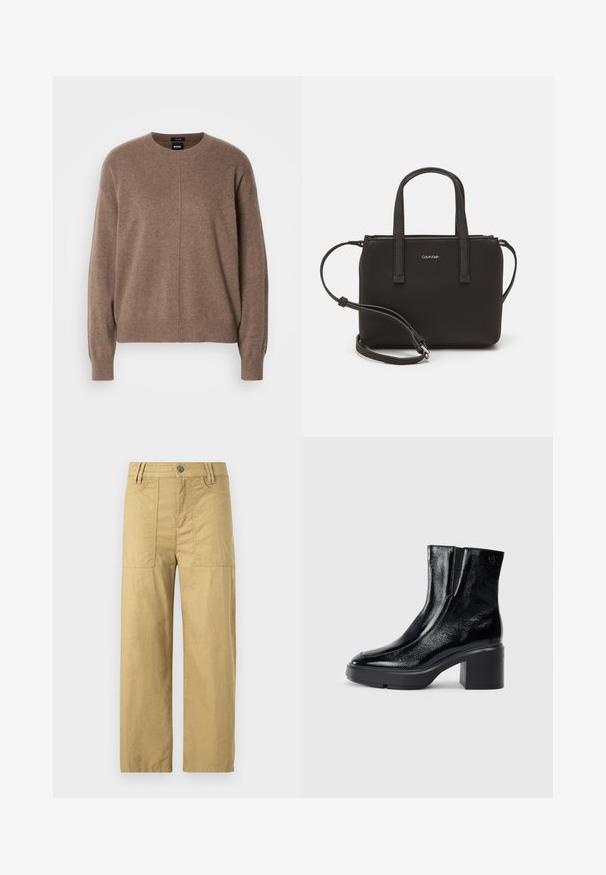 Pruunist lõnga kootud kampsun ümmarguse kaeluse, pikkade varrukate ja lõdva lõikega. Omab peent tekstuuri ja keskmist õmblust.; Beežid puuvillased cargo püksid kõrgema taljega, kahe eesmise taskuga ja lõ relaxed fit. Esiosas on klamber ja lukk.; Mustmustest must paeltega särkide, millel on kõver varvas, elastsed külgpaneelid ja jäme plokkpealse. Tagaküljel on reljeefne logo.; Musthave mustrans vöö ja eemaldatav õlarihm. Gludike nahk siledaga, millel on tõmblukk ja logo detail.