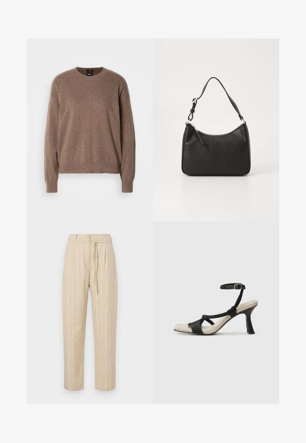 Rjav pleten pulover z okroglim izrezom, dolgimi rokavi in sproščenim krojem. Opremljen z nevsiljivo teksturo in osrednjim šivom.; Beige prugasti hlače s sproščenim krojem, ki imajo zategnjen pas, gumbasto zapiranje in vezalko, izdelane iz lahkotnega materiala.; Črne sandale na visoki peti z prepletenim trakom, kvadratnim nosom in nastavljivim gležnjenjem. Svetlo bež podplat z sijajno črno peto.; Črna usnjena torba za roke s ukrivljenim oblikom, enim trakom, zadrgo in diskretnim blagovnim znamkom na sprednjem delu. Gladka tekstura, minimalističen dizajn.