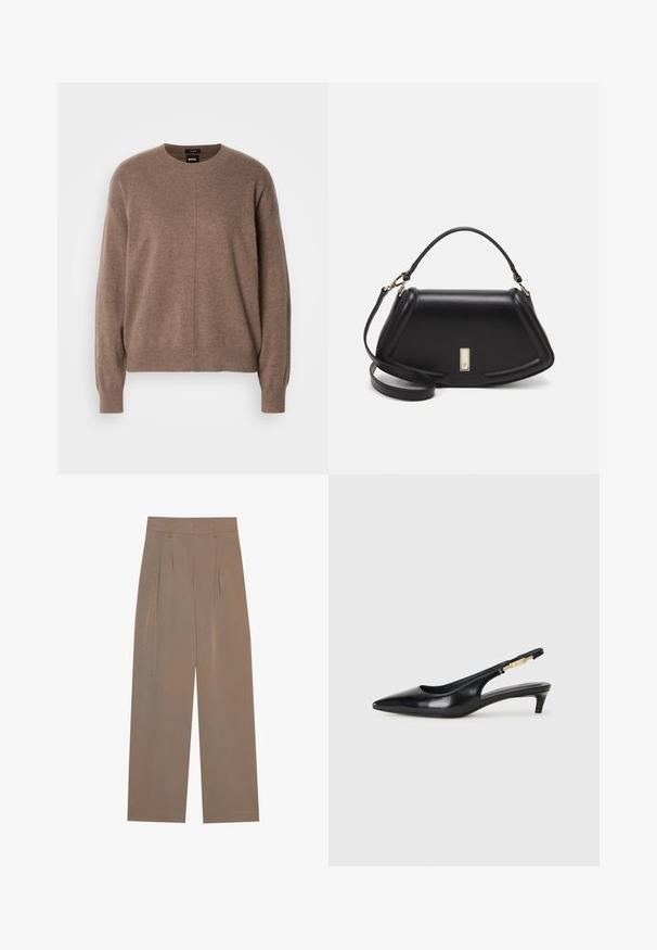 Maglione marrone a maglia con scollatura rotonda, maniche lunghe e una vestibilità morbida. Presenta una sottile trama e un dettaglio con cucitura centrale.; Pantaloni marroni a pieghe con design a gamba larga, dotati di vita piatta e tasche laterali, realizzati in un tessuto leggero.; Tacchi slingback in pelle nera con punta affusolata, caratterizzati da un tacco alto e un accento dorato sulla cinghia regolabile. Texture liscia.; Borsa a mano in pelle nera con un design strutturato, caratterizzata da una forma corta, manico superiore e accessori in metallo dorato. Inclusa tracolla regolabile.