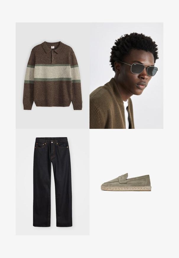 Brun strikket pullover med krave og tre knapper. Har brede beige og grønne vandrette striber. Tekstureret stof med ribbede manchetter.; Mænds lige ben sorte denim jeans med fem lommer og orange syninger, knap- og lynlåslukning foran på taljen.; Lysgrøn ruskind slip-on sko med en vævet jute sål, der har et foldet accent ved fronten og en lav hæl. Enkel design, flad profil.; Soli der med en sølvfarvet metalramme, aviator-form og mørkt tonede linser. Stylet med en ribbet brun bomberjakke.