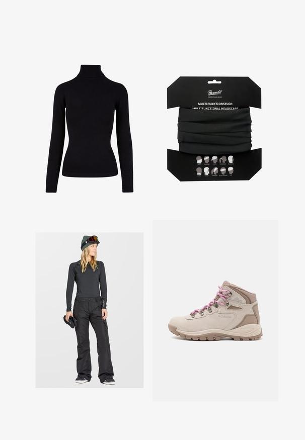 Czarny sweter z golfem wykonany z miękkiego dzianiny, z długimi rękawami i prążkowanymi detalami przy szyi i dolnej krawędzi. Dopasowany fason.; Czarny długi rękaw termiczny top połączony z czarnymi spodniami narciarskimi. Strój zawiera zieloną czapkę i gogle narciarskie, podkreślając funkcjonalność.; Beżowe buty trekkingowe z różowymi sznurówkami, zamszowa i syntetyczna cholewka, średnie wykończenie, gumowa podeszwa z bieżnikiem oraz wyściełany kołnierz.; Brandit MULTIFUNKTIONSTUCH - Szalik komin