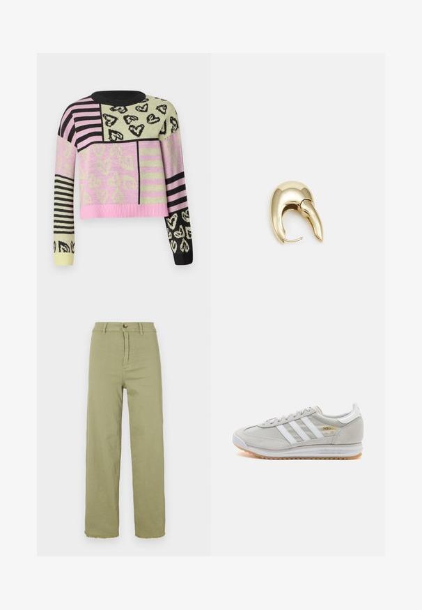 Crochet-neulepusero, jossa on lyhyt malli ja vaaleanpunaisia, vihreitä, mustia sekä raidallisia kuvioita. Pusero on yksityiskohtaiseksi viimeistelty sydänmotivoilla ja ribbireunuksella.; Vihreät korkeavyötäröiset housut suoralla jalalla. Varustettu nappikiinnityksellä ja risat helmalla. Valmistettu puuvillakankaasta, joka on sileä rakenne.; Vaaleanharmaat sneakerit, jotka on valmistettu mokasta ja verkosta, sisältäen kolme valkoista raitaa, pyöreän kärjen ja kumisen pohjan. Kultainen logo yksityiskohta nauhojen läheisyydessä.; Kultahipuinen korvakoru, jossa on sulavalinjainen, kaareva muotoilu. Ominaisuuksiin kuuluu erottuva terävä muoto, kiillotettu pinta ja sarana kiinnitys.