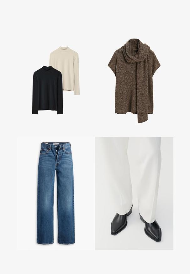 Bruin en grijs gemêleerd gebreid poncho met korte mouwen en een lange sjaal die om de nek is gedrapeerd.; Twee lange mouwen turtlenecks: een zwarte en een beige. Gemaakt van een soepele, rekbare stof met een aansluitend ontwerp en een hoge hals.; Blauwe denim jeans met een wijduitlopende ontwerp, vijf zakken, knoopsluiting en contrasterende stiksels. Gestructureerde stof met een vervaagde afwerking.; Zwarte puntige enkellaarzen met een gladde leren afwerking, lage blokhakken, gecombineerd met witte wijde broekspijpen. Eenvoudig en modern design.