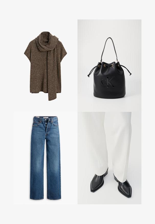 Hnědý a šedý melírovaný pletený pončo s krátkými rukávy a připevněným dlouhým šátkem, které visí kolem krku.; Modré džíny z denimu s širokými nohavicemi, pěti kapsami, zapínáním na knoflík a kontrastním prošíváním. Texturovaná látka s vybledlým povrchem.; Černé kožené kotníkové boty s špičatou špičkou, hladkým povrchem a nízkým blokovým podpatkem, v kombinaci s bílými širokými kalhotami. Jednoduchý a moderní design.; Černá kožená kabela ve tvaru kyblíku s utažením na šňůru, s lesklým logem "CK" na přední straně a zlatými kovovými detaily.