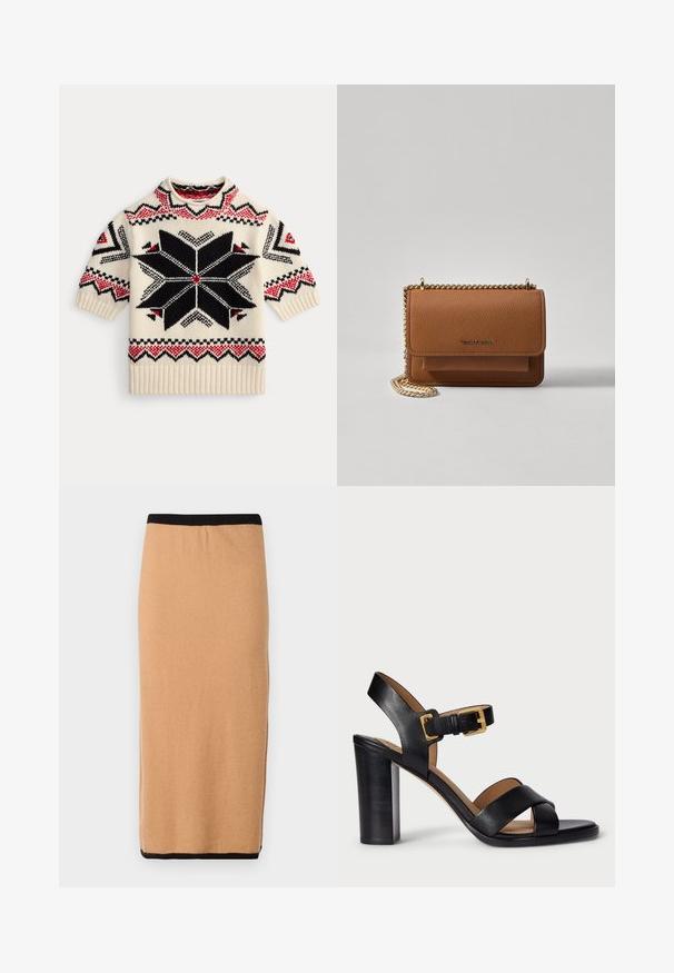 Krém színű, rövid ujjú kötött pulóver fekete és vörös geometrikus csillagmintával, valamint zig-zag részletekkel az ujjakon és az alján.; Térd alá érő, teveszínű kötött szoknya fekete elasztikus derékpánttal és sima textúrával. Egyszerű dizájn, nincsenek látható minták vagy kiegészítők.; Fekete bőr, magas sarkú szandál, keresztbe futó pánttal és csattal. Jellemzője a vastag sarok és a sima textúra.; Barna textúrájú bőr keresztbody táska arany lánc pánttal és fedélzárral. Az elején logó részlet és egy zseb található a fedél alatt.