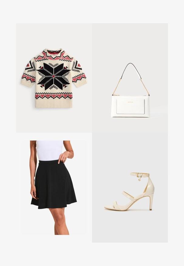 Cremefarbener Strickpullover mit kurzen Ärmeln, schwarzem und rotem geometrischem Sternmuster sowie Zickzackakzenten an den Ärmeln und dem Saum.; Schwarzer, aus weichem Stoff gefertigter, ausgestellter Rock mit glatter Textur und breitem Bund, der sanfte Falten zeigt und knielang geschnitten ist.; Beige High Heels Sandalen mit dünnem Knöchelriemen und zwei oberen Riemen. Glänzende Lackoberfläche und goldene Hardware-Details am Knöchelriemen.; Weißes Lederhandtasche mit strukturierter Oberfläche, ausgestattet mit einem goldenen Kettenriemen und schwarzen Akzenten. Enthält eine Fronttasche und einen Reißverschluss.