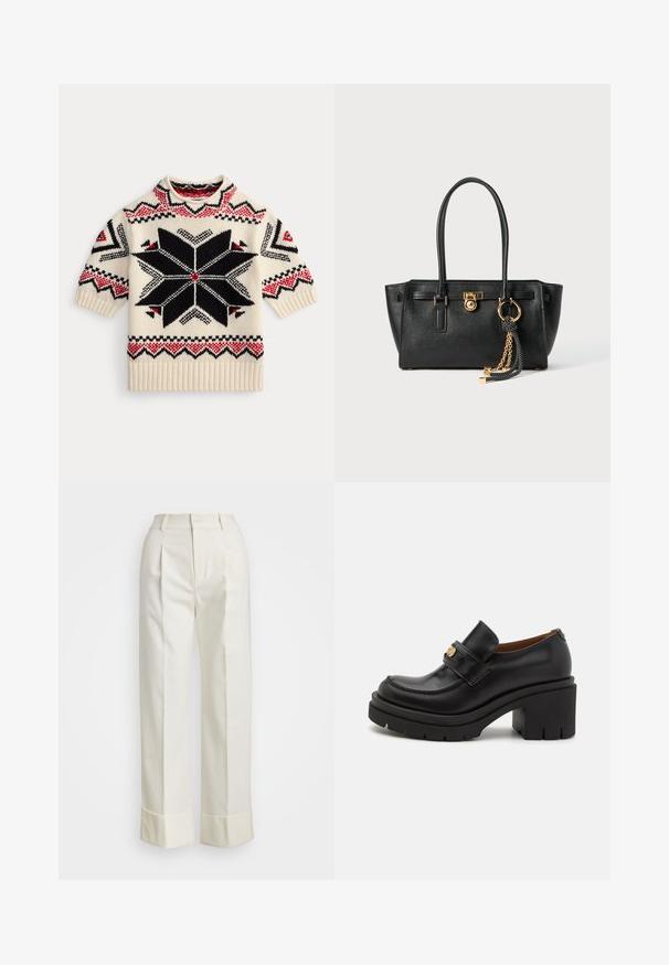 Cream knit short-sleeve sweater with black and red geometric star pattern and zigzag accents on sleeves and hem.; White tailored pants featuring a high waist, double front pleats, and wide legs with folded cuffs. Made from a smooth, textured fabric.; Black leather loafers feature a high, chunky platform with a textured sole. They have a stitched design and a gold-toned accent on the strap.; Black leather handbag with double handles, gold lock and chain detail, and black-and-white tassel accessory against white background.