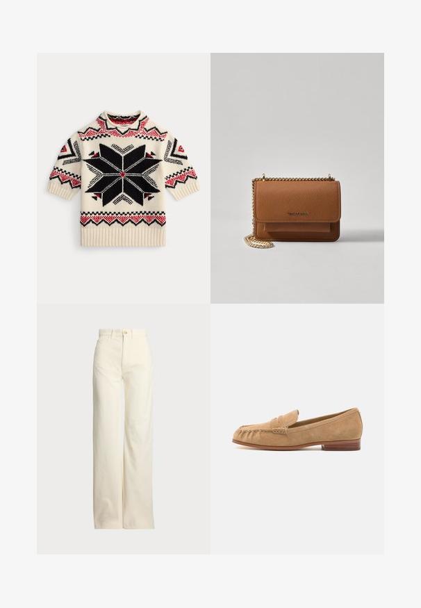 Cream knit short-sleeve sweater with black and red geometric star pattern and zigzag accents on sleeves and hem.; Polo Ralph Lauren COTTON CORDUROY WIDE-LEG PANT - Trousers - warm white; Suede loafers in light beige with a rounded toe, front strap accent, and a low wooden heel. Smooth texture and minimal stitching details.; Brown textured leather crossbody bag with gold chain strap and flap closure. Front features logo detail and a pocket under the flap.