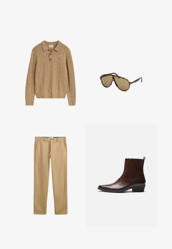 Lichtbruin kabelbrei lange mouw polo trui met kraag, drie zwarte knopen en klein geborduurd logo op de borst.; Lichtblauwe, langslijpende overhemD met klassieke kraag, gemaakt van een soepele stof. Voorzien van witte knopen aan de voorkant en cuffs.; Beige chino's met een rechte pijp, voorzien van zijzakken en een knoopsluiting. Gemaakt van zachte, gestructureerde stof.; Bruine leren enkelboot met een spitse neus, elastische zijpanelen, textuurdetails aan de voorkant en een lage gestapelde hak.; schildpadbril met bruine lenzen, aviatorstijl, met een slank frameontwerp en metalen accenten op de pootjes.