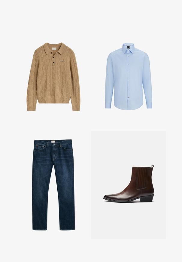 Lichtbruin kabelbrei lange mouw polo trui met kraag, drie zwarte knopen en klein geborduurd logo op de borst.; Lichtblauwe, langslijpende overhemD met klassieke kraag, gemaakt van een soepele stof. Voorzien van witte knopen aan de voorkant en cuffs.; Donkerblauwe denim jeans met een rechte pijp, knoop- en ritssluiting en voorzakken. Gladde textuur en minimale vervaging.; Bruine leren enkelboot met een spitse neus, elastische zijpanelen, textuurdetails aan de voorkant en een lage gestapelde hak.