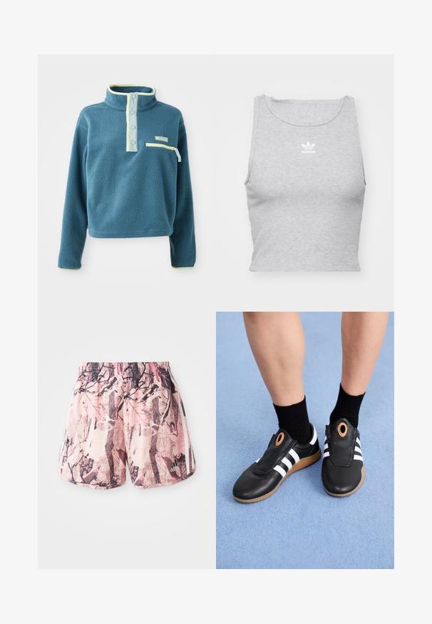 Pullover felpudo em teal com um colarinho alto, apresentando uma faixa de quatro botões, um bolso no peito com fecho éclair e detalhes em verde claro ao longo do colarinho.; Top cropped cinza, sem mangas, feito de um tecido suave, com um decote redondo e um pequeno logótipo branco da Adidas no peito.; Calções em padrão rosa e castanho com cintura elástica e riscas laterais, apresentando um desenho gráfico que lembra folhagem e ramos.; Sapatos pretos de slip-on com riscas brancas e parte superior em pele texturada, apresentando um acento circular próximo à abertura e uma sola de borracha de goma.