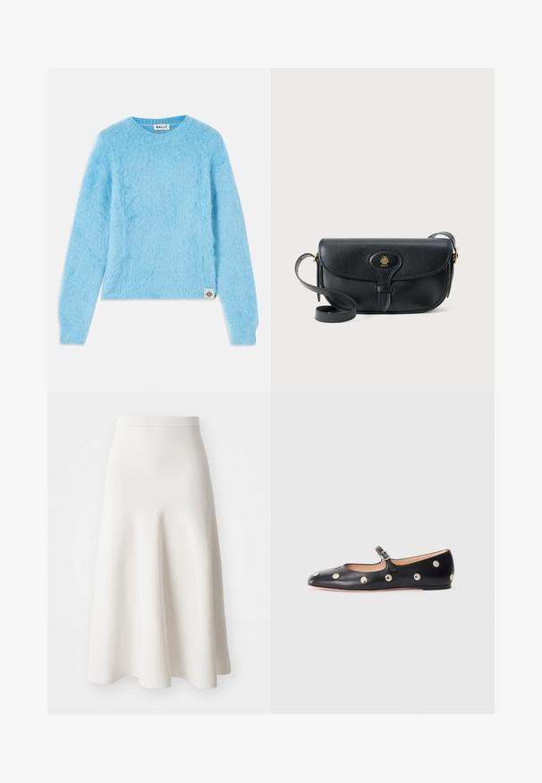 Un pull bleu clair et duveteux fabriqué à partir d'un matériau doux. Il présente un col rond et des manches longues. Une petite étiquette de marque en bas à gauche.; Une jupe blanche en forme de A, fabriquée dans un tissu lisse, avec une taille ajustée et une silhouette évasée qui descend doucement jusqu'au mi-mollet.; Chaussure plate en cuir noir type Mary Jane avec un bout arrondi, ornée de clous ronds en argent et dotée d'une sangle réglable avec une boucle.; Sac en cuir noir à bandoulière avec fermeture à rabat et détail de logo doré. Il dispose d'une longue sangle et d'une texture lisse.