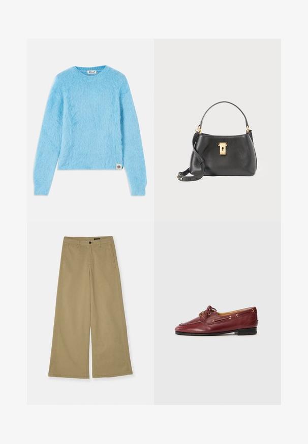 Un pull bleu clair et duveteux fabriqué à partir d'un matériau doux. Il présente un col rond et des manches longues. Une petite étiquette de marque en bas à gauche.; Pantalons larges kaki en coton, avec fermeture à bouton, poches latérales et détails de couture visibles. Texture lisse.; Chaussures bateau en cuir bourgogne avec un bout arrondi, un laçage, des œillets dorés et une semelle noire basse. Texture lisse avec des détails de couture.; Sac à main en cuir noir avec une finition texturée, présentant une fermeture à verrou doré, une courte poignée et une bandoulière détachable.