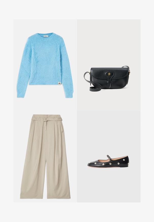 Hellblauer, flauschiger Pullover aus weichem Material. Mit Rundhalsausschnitt und langen Ärmeln. Kleines Markenetikett am unteren linken Rand.; Weit geschnittene Hosen aus einem hellbeigen Stoff. Sie verfügen über eine hohe Taille, Vorderfalten und einen passenden Gürtel mit einem Metallschnallendetail.; Schwarze Leder-Mary-Jane-Ballenflats mit runder Zehenform, ausgestattet mit silbernen runden Nieten und einem verstellbaren Riemen mit Schnalle.; Schwarze Leder-Crossbody-Tasche mit einem Klappenverschluss und goldenen Logodetails. Verfügt über einen langen Riemen und eine glatte Textur.