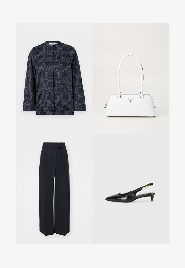 Gray knitted sweater featuring a cat graphic in black and beige, with the word "Future" in pink across the front.; Navy blouse with a geometric white pattern, featuring a mandarin collar and long sleeves, made from a smooth, glossy fabric.; Wide-leg black trousers made of soft fabric. Features a belted waistband and front pleats. Smooth texture with a clean, contemporary design.; Black leather slingback heels with a pointed toe, featuring a slim heel and a gold-tone accent on the adjustable strap. Smooth texture.; White leather handbag with a curved shape, featuring a silver triangular logo and zipper closure. Smooth texture and dual handles.