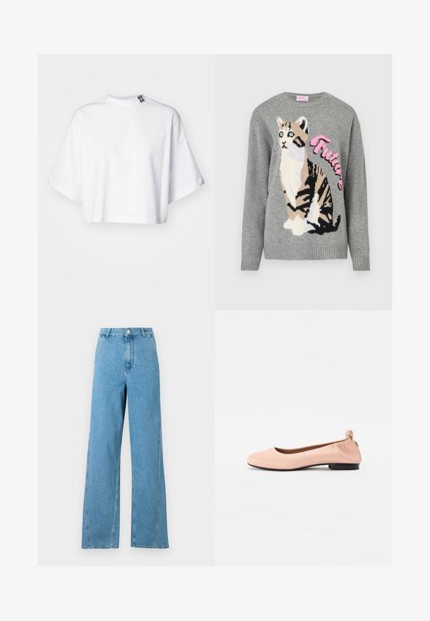 Grå strikkegenser med en kattgrafikk i svart og beige, med ordet "Future" i rosa over hele fronten.; Hvit avkortet t-skjorte laget av bomull, med brede korte ermer og høy hals. Merket "HUGO" er trykt i svart på kragen.; Lyseblå vide jeans med høy midje, fem lommer og metallknapplukking. Laget av denimstoff med en glatt tekstur.; Lys rosa ballerinasko laget av glatt materiale med avrundet tå, fleksibel bakdel og en liten svart hæl.