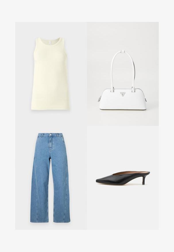 Grijs gebreid sweater met een kattenafbeelding in zwart en beige, met het woord "Toekomst" in het roze over de voorkant.; Lichtgele katoenen tanktop met een geribbelde textuur, ronde halslijn en brede schouderbanden. Hangt recht naar beneden zonder versieringen.; Lichtblauwe wijde jeans gemaakt van denim, met een hoge taille, rechte snit en contrasterende stiksels langs de naden.; Zwarte leren muiltjes met een puntige neus en een lage, blokhak. Glad oppervlak met een gestroomlijnd ontwerp. Open achterkant met minimale details.; Witte leren handtas met een gebogen vorm, voorzien van een zilveren driehoekig logo en ritssluiting. Gladde textuur en dubbele handvaten.