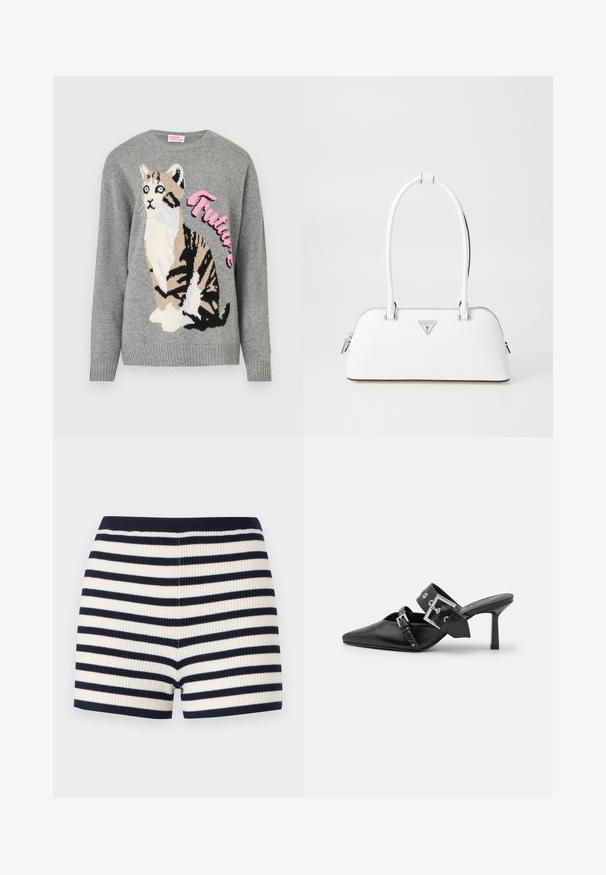 Siveta pletena jopica z grafiko mačke v črni in bež barvi, z besedo "Prihodnost" v rožnati barvi čez sprednji del.; Pletena kratka hlače v temno modri in beli črti, z oprijetim krojem in mehkobo. Pas je temno moder, kar dopolnjuje vzorec.; Črne visoke mule s koničastim prstom, izdelane iz gladkega usnja. Imajo širok gleženjski trak s kvadratno srebrno zaponko in okraski.; Bela usnjena torba s ukrivljeno obliko, ki ima srebrni trikotni logo in zadrgo. Gladka tekstura in dvojni ročaji.