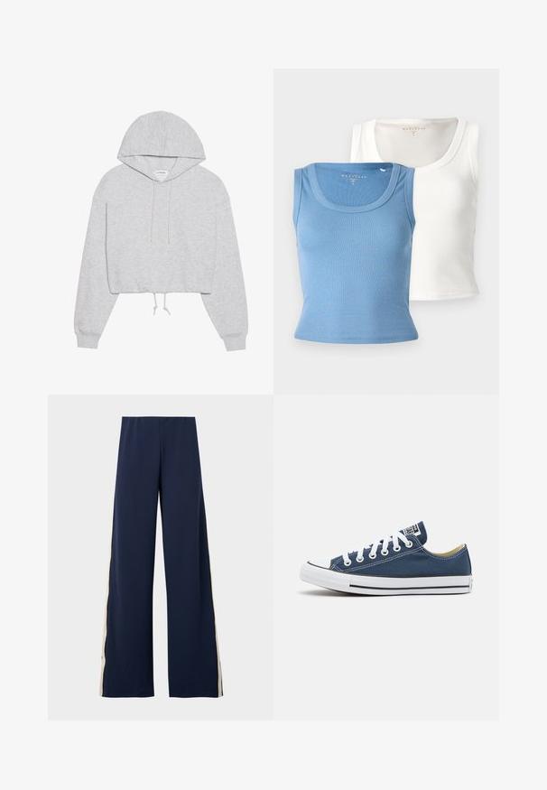 Pilkas trumpas gobtuvėlis, pagamintas iš minkštos medžiagos, su raišteliu reguliuojamu gobtuvu, ilgomis rankovėmis ir kokosėmis. Paprastas dizainas be raštų ar grafikos.; Dvi raukšlėtos marškinėlių su siaurais petnešėlėmis: vieni šviesiai mėlyni, o kiti balti. Kiekvieni turi apvalią iškirptę ir prigludusią siluetą, pabrėžiantį audinio tekstūrą.; Tamsiai mėlynos plačių kojų kelnes, pagamintas iš minkštos medžiagos, su smėlio spalvos šonine juostele. Juosmens dalis yra elastinė, kad būtų patogu ir lengva dėvėti.; Tamsiai mėlynos kanvos sportbačiai su baltais raišteliais ir skylutėmis, turintys baltą gumos pirštų dangtelį ir juodą juostelę palei padą.