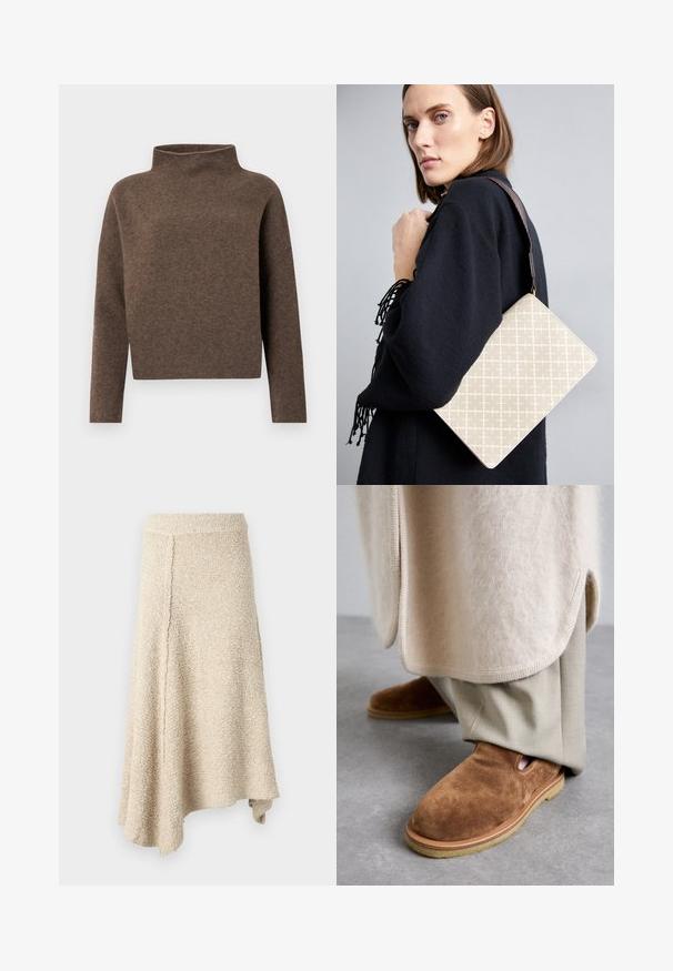 Maglione corto marrone con collo alto ripiegato, maniche lunghe e un tessuto morbido e testurizzato. Design minimalista senza hardware visibile.; Gonna beige con texture e orlo svasato, caratterizzata da un alto vitino e un taglio asimmetrico, realizzata in morbido materiale lavorato a maglia.; Scarpe slip-on in suede marrone con punta tonda, suola in gomma e dettagli a taglio laterale, abbinate a pantaloni beige chiaro su misura.; Borsa a spalla beige con motivo e forma strutturata, dotata di una tracolla marrone testurizzata. Indossata da un modello su uno sfondo grigio.