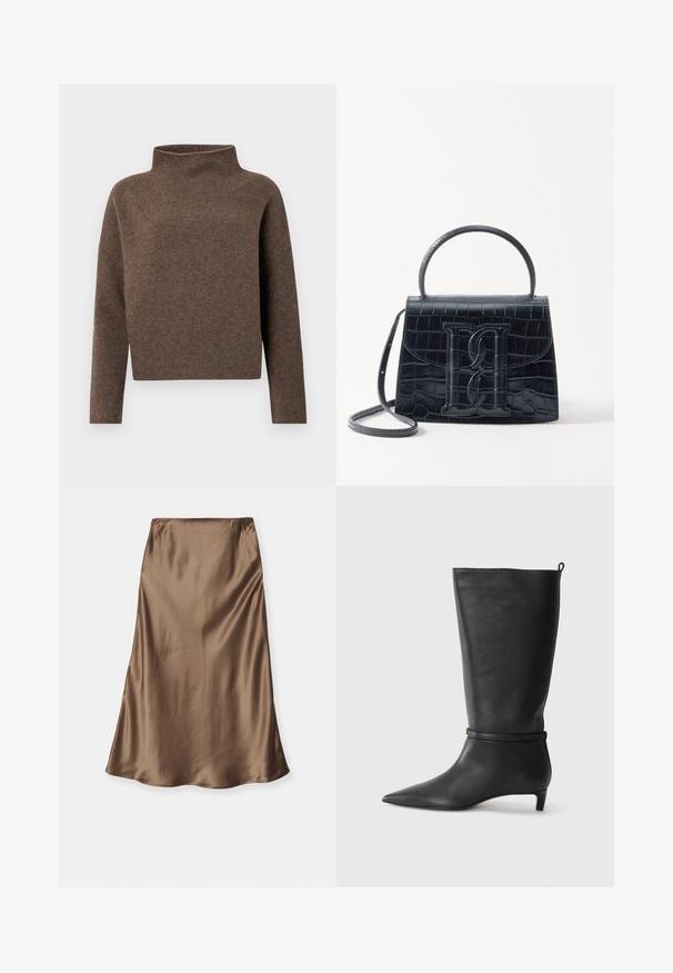 Brown, cropped sweater with a high, fold-over neck, long sleeves, and a soft, textured fabric. Minimalist design with no visible hardware.; By Malene Birger BOSHAN - A-line skirt - shitake; Black leather knee-high boot with a pointed toe, accented by a circular strap around the ankle and a low, tapered heel. Smooth texture.; Black crocodile-embossed leather handbag with a structured design, top handle, adjustable strap, and a prominent front logo detail.