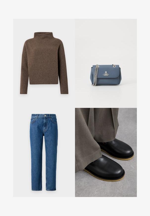 Maglione corto marrone con collo alto ripiegato, maniche lunghe e un tessuto morbido e testurizzato. Design minimalista senza hardware visibile.; Jeans in denim blu con taglio dritto, dotati di chiusura a bottone, passanti per cintura e tasche frontali. Realizzati in tessuto di cotone texturizzato.; Scarpe in pelle nere con punta arrotondata, suola piatta e suola esterna di un marrone chiaro a contrasto, abbinate a pantaloni grigi larghi.; Borsa a tracolla in finta pelle blu con una texture, dotata di una catena argentata e un logo sulla parte anteriore. Chiusura a scatto con un design a pattina.