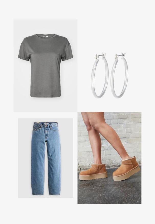 JDY JDYDINEA L/S REVERSIBLE - Svetrík - pastel yellow; Šedé tričko s krátkym rukávom vyrobené z mäkkého bavlneného materiálu. Má klasický okrúhly výstrih, zvinuté rukávy a uvoľnený strih s hladkou a rovnomernou textúrou.; Svetlomodré džíny z denimu s rovnými nohavicami, piatimi vreckami, zipsovým zapínaním a jemne vyblednutou textúrou. Klasický štýl s minimálnym kovovým doplnkom.; Hnedé semišové kotníkové čižmy s mäkkou podšívkou, hrubou béžovou platformou a zadným pútkom na obutie. Textúrovaný povrch s viditeľnými švami.; Strieborné kruhové náušnice s hladkým, lesklým povrchom. Kolový tvar a bezpečné klikanie na uzatváranie. Ľahký dizajn vhodný na každodenné nosenie.
